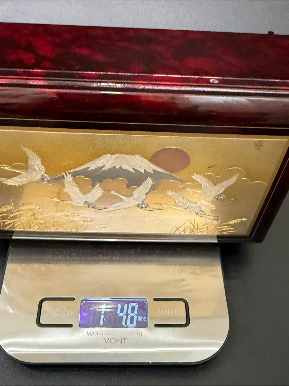 Vintage Japanese Lacquer Chokin Landscape Mt Fuji Flying Cranes Music Box Sakura